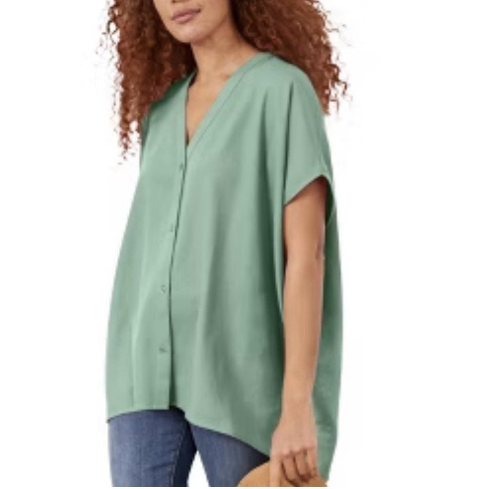 Ellos Sage Green Linen Blend Button Front V-Neck Top 18/20 Boxy Lagenlook Flowy
